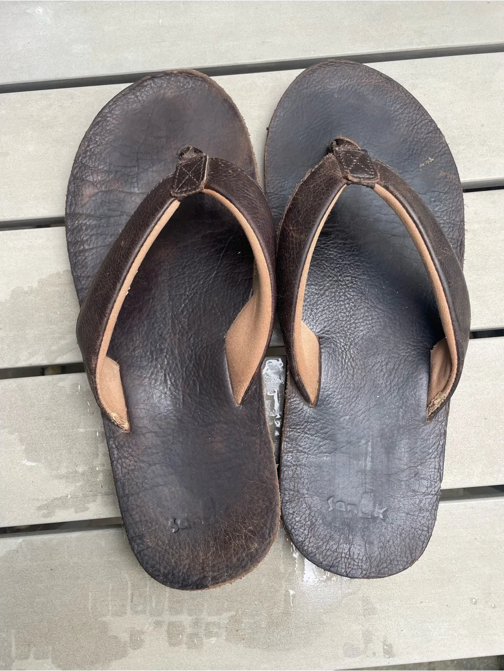 Sanuk Men's Dark Brown Leather Flip Flops with Tan Lining